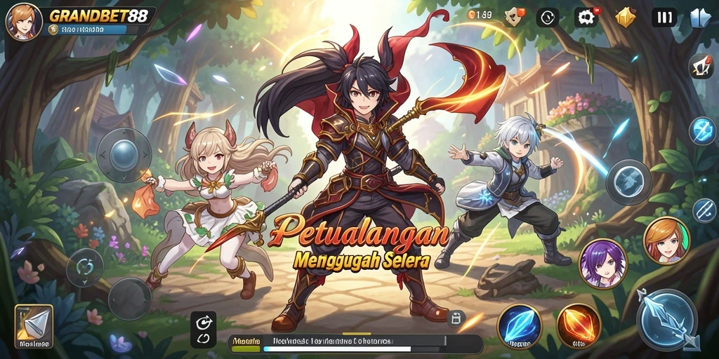 Screenshot gameplay seru dari GRANDBET88 dengan karakter Anime.