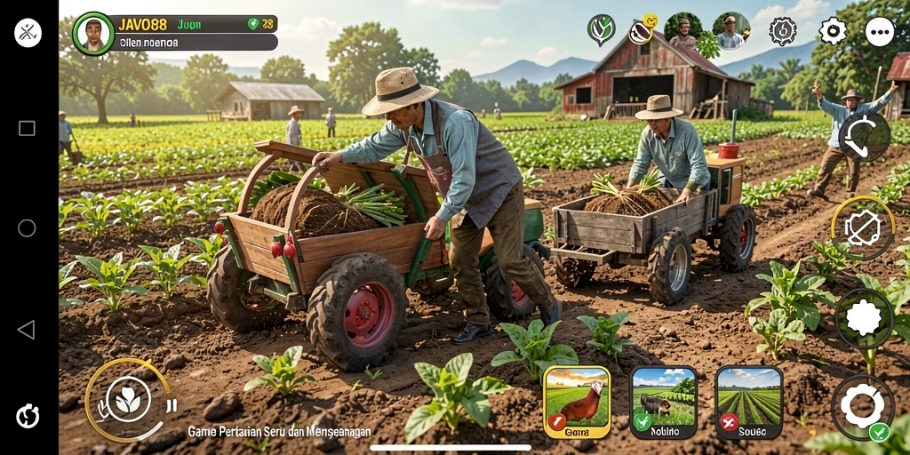 Screenshot gameplay JAVO88 menunjukkan grafis pertanian yang menawan.