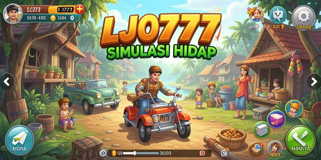 Screenshot gameplay LJO777 menampilkan interaksi karakter dan dekorasi rumah.