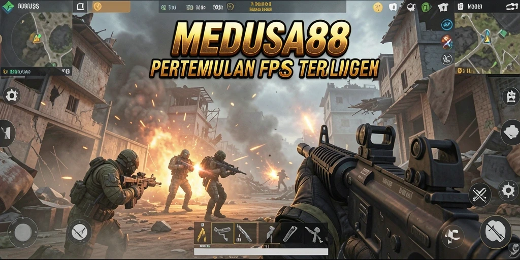 Screenshot menunjukkan aksen grafis memukau dan tempur intens dalam MEDUSA88.