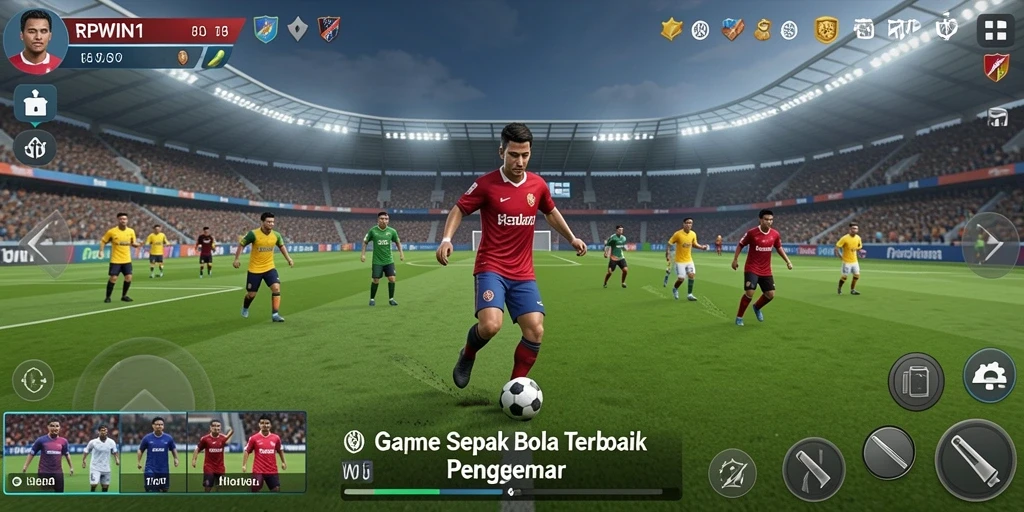 Screenshot gameplay RPWIN1 menampilkan aksi seru di lapangan sepak bola.