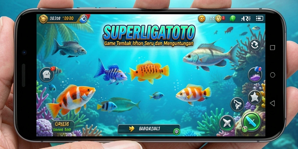 Gameplay SUPERLIGATOTO saat menembak ikan yang berwarna-warni.